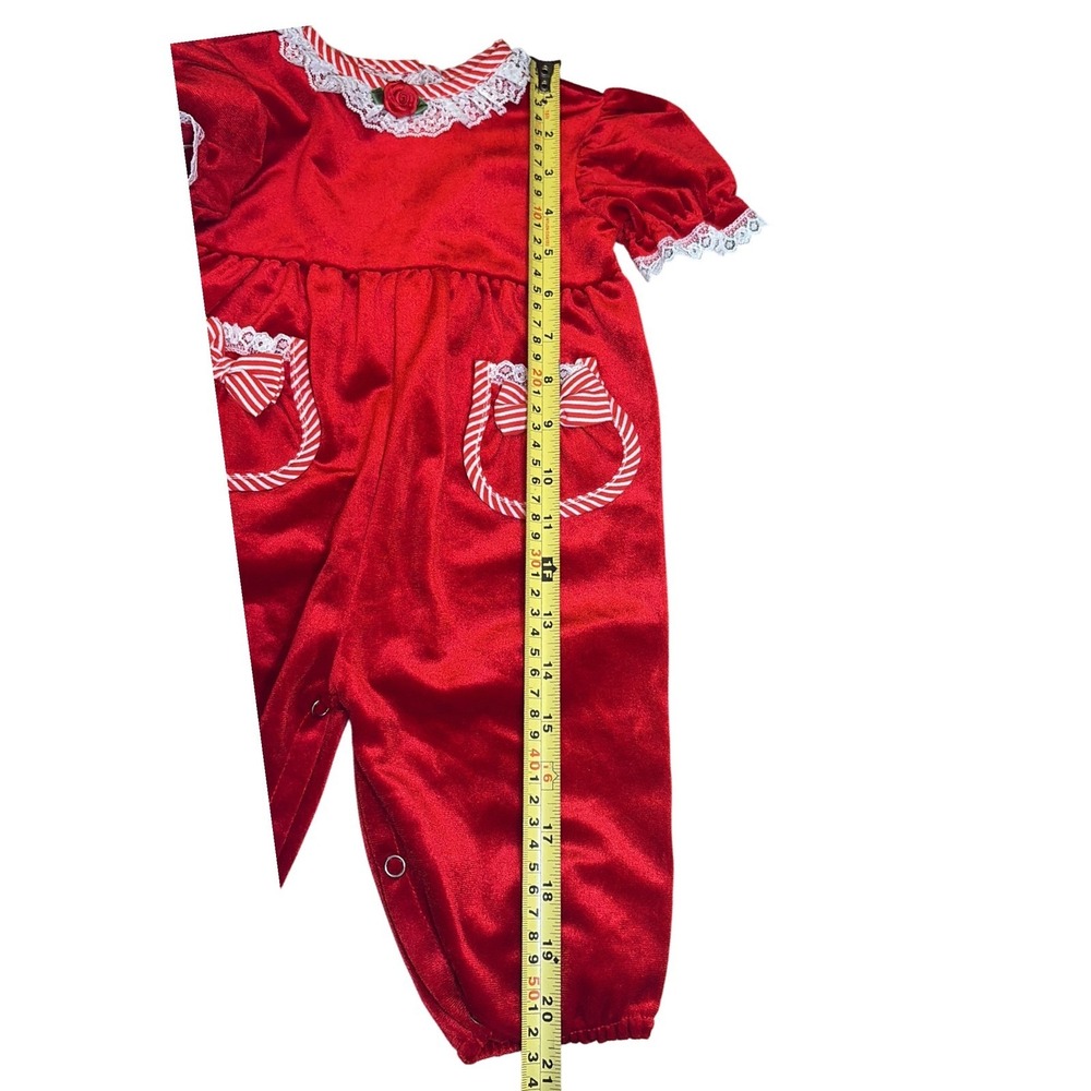 Vintage Evy Red Velvet Baby Romper Candy Stripe Infant Holiday Outfit Lace Sz 3M - Picture 4 of 7